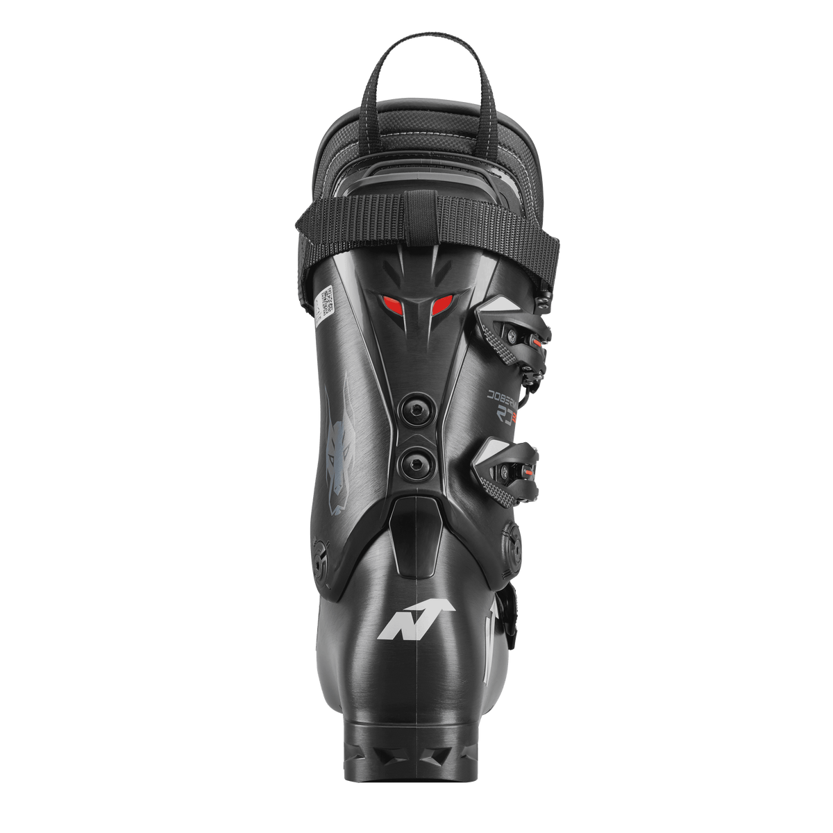 Ein schwarzer Nordica DOBERMANN 5 RD-93 EXTRA STIFF 2026/2027 Skischuh wird von hinten gezeigt, mit einer oberen Zugschlaufe, seitlichen Schnallen und einem auffälligen weißen N-Logo nahe der Ferse auf grauem Hintergrund.