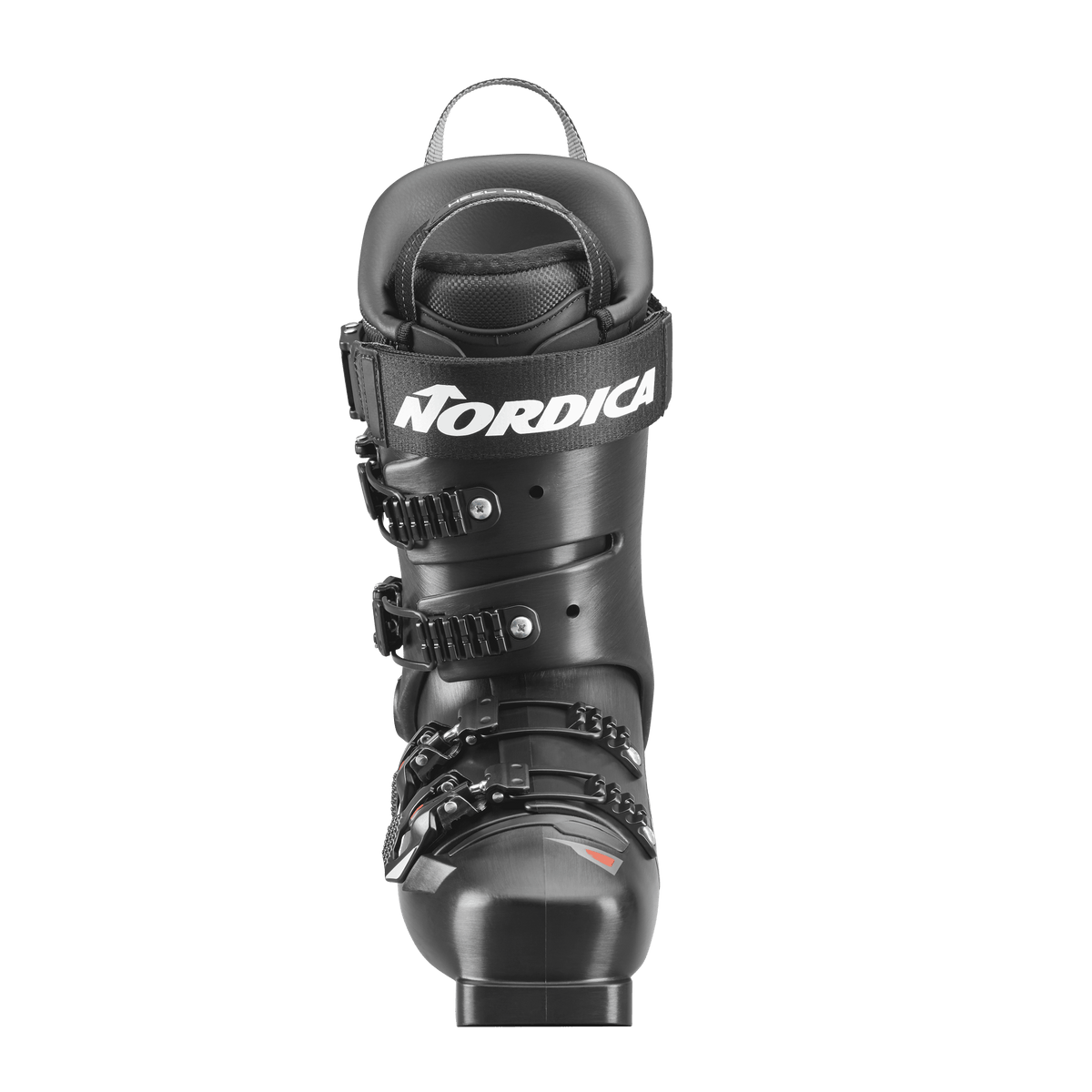 Vorderansicht des schwarzen Nordica DOBERMANN 5 RD-93 EXTRA STIFF 2026/2027 mit zwei verstellbaren Schnallen und einem Klettverschluss mit weißem Schriftzug "Nordica".