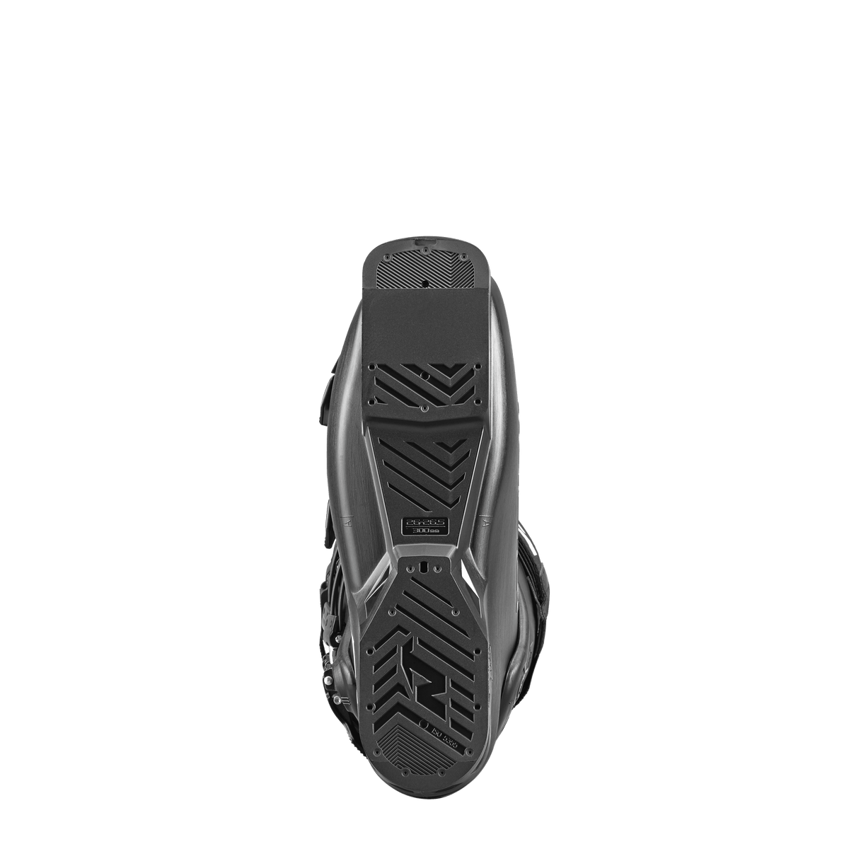 Der Nordica DOBERMANN 5 RD-93 STIFF 2026/2027 Stiefel in Schwarz ist von unten abgebildet, wobei das Profil der Sohle und die griffige Textur vor einem schlichten weißen Hintergrund hervorgehoben werden.
