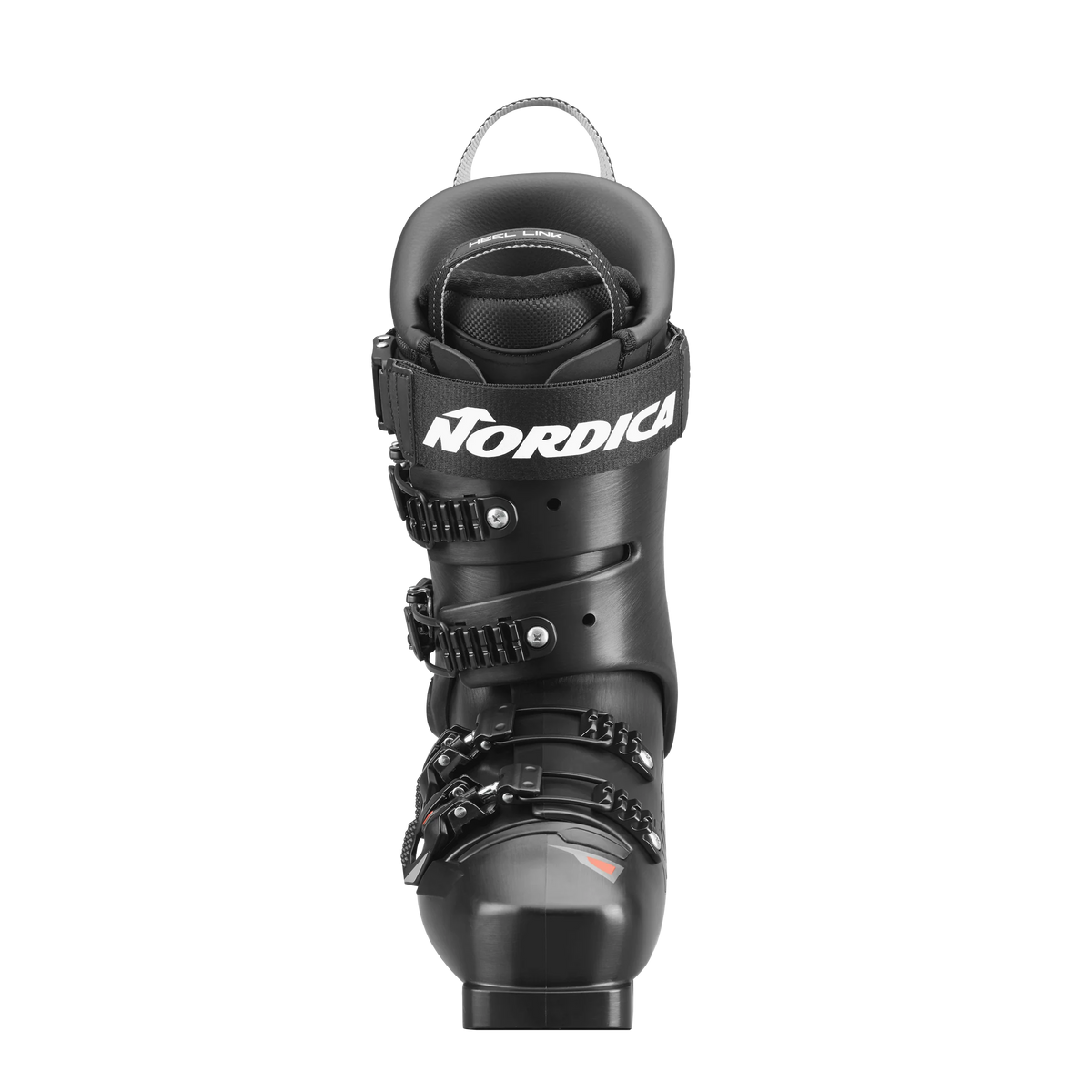 Ein schwarzer Nordica DOBERMANN 5 RD-93 MEDIUM 2026/2027 Rennstiefel wird von vorne gezeigt, mit drei verstellbaren Schnallen, einem oberen Power Strap und einem weißen Nordica Logo auf der Vorderseite.