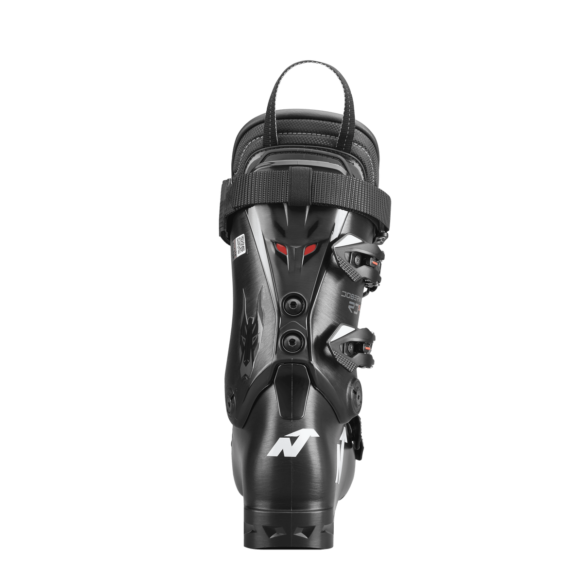 Der Nordica DOBERMANN 5 RD-93 SOFT L.C. 2026/2027 Race Boot in Schwarz hat ein modernes, kantiges Design mit einem oberen Riemen, drei seitlichen Schnallen, roten Akzenten und einem weißen N-Logo in der Nähe der Ferse. Marke: Nordica.