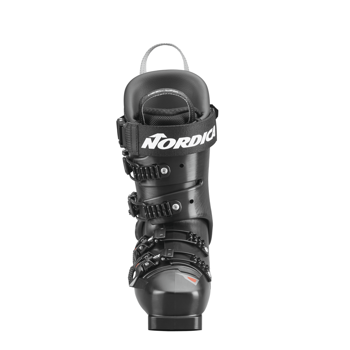 Eine Vorderansicht des schwarzen Nordica DOBERMANN 5 RD-93 SOFT L.C. 2026/2027 Race Boot, die mehrere Schnallen und ein markantes weißes Nordica-Logo auf dem oberen Riemen zeigt.