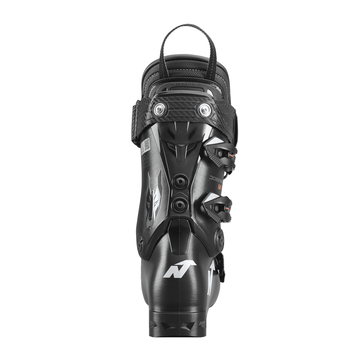 Der Nordica DOBERMANN 5 96 L.C. MEDIUM 2026/2027 Skischuh in Schwarz zeigt sich von hinten mit Metallschnallen, einem strukturierten oberen Riemen und einem weißen N-Logo an der Ferse. Er hat einen eleganten, modernen Look mit subtilen Details.