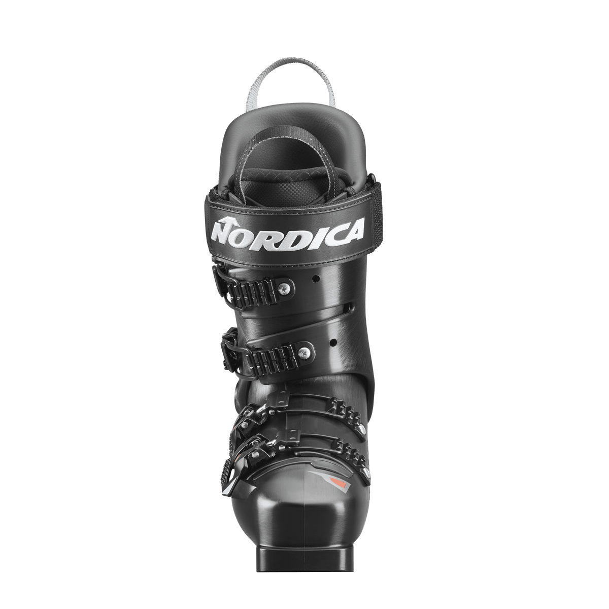 Der Nordica DOBERMANN 5 96 L.C. MEDIUM 2026/2027 Skischuh in Schwarz ist von vorne abgebildet und verfügt über drei Schnallen und einen Klettverschluss im oberen Bereich mit dem weißen Nordica-Logo.