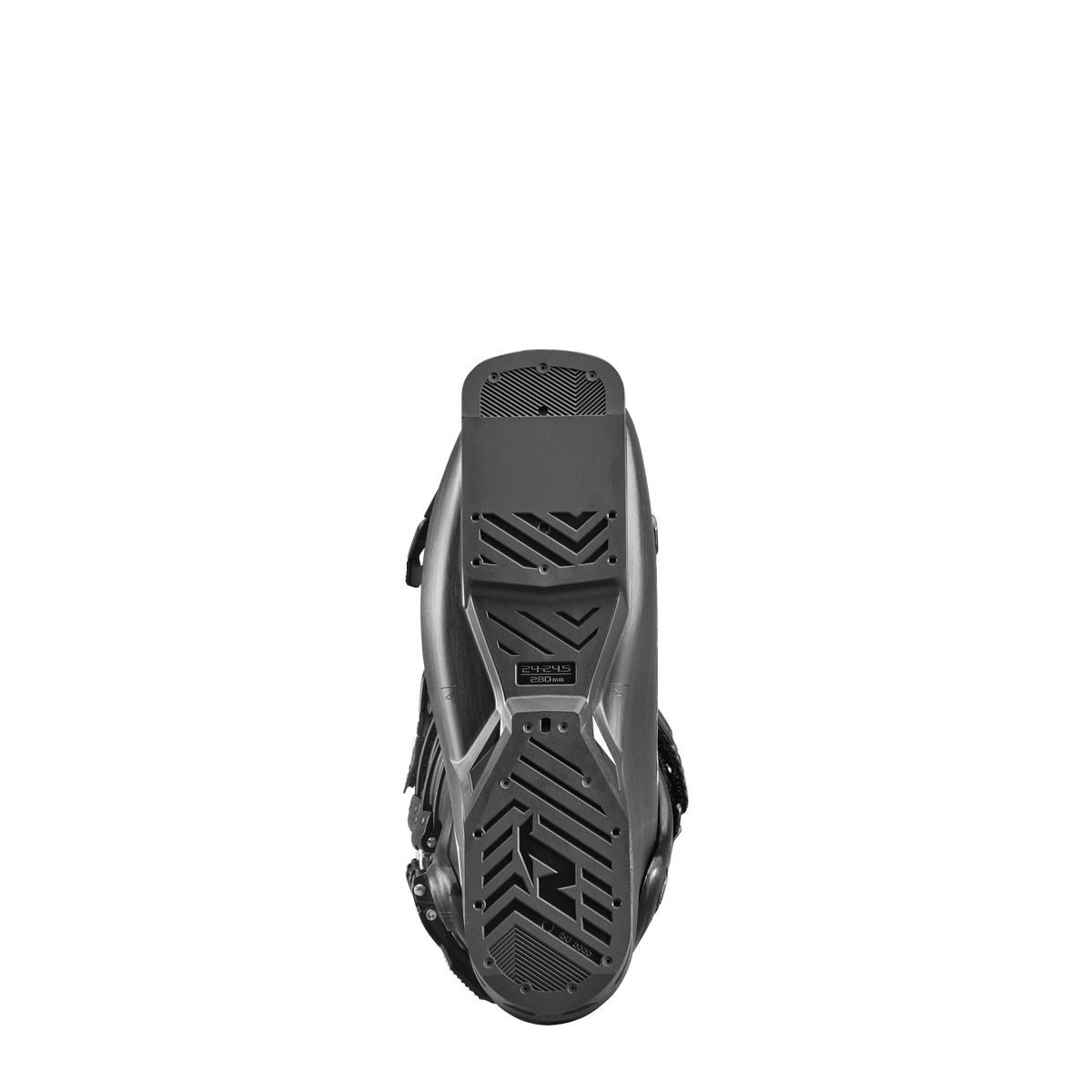 Die Draufsicht auf einen einzelnen schwarzen Nordica DOBERMANN 5 96 L.C. MEDIUM 2026/2027 Skischuh hebt die strukturierte Sohle und das Profil vor einem weißen Hintergrund hervor.