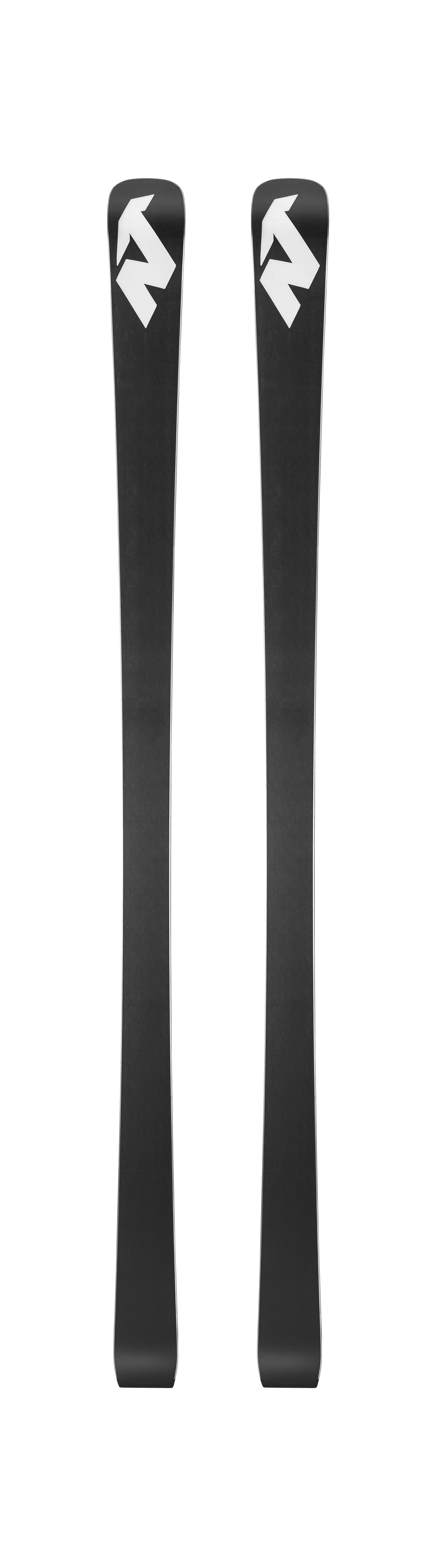 Ein Paar Nordica DOBERMANN GSJ PLATE 2026/2027 Skier von S.F. Sports, schwarz mit weißen geometrischen Logos in der Nähe der Spitzen, nebeneinander auf einem schlichten weißen Hintergrund.