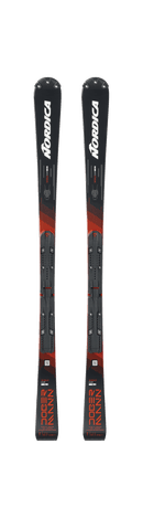 Ein Paar Nordica DOBERMANN SLJ PLATE 2026/2027 Skier, schwarz mit roten und grauen Akzenten und Bindungen, nebeneinander auf weißem Hintergrund - perfekt für Nachwuchsrennsport oder Fans von Junior Slalom Rennski.