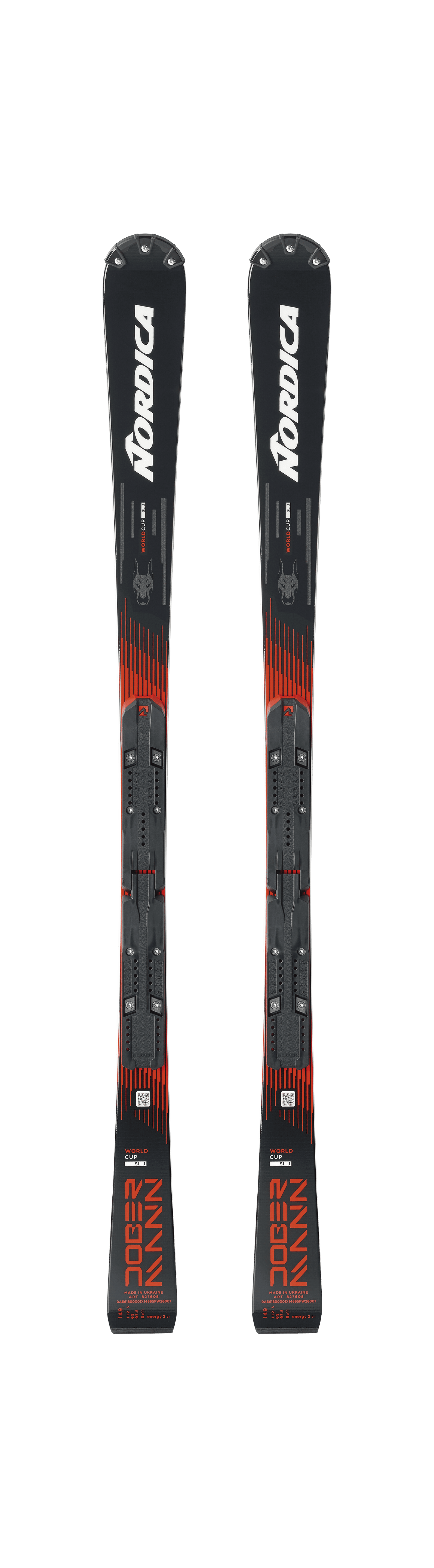 Ein Paar Nordica DOBERMANN SLJ PLATE 2026/2027 Skier von S.F. Sports mit Bindungen, nebeneinander auf weißem Hintergrund abgebildet. Perfekt für Nachwuchsrennsport, ist der Markenname an der Spitze jedes Skis sichtbar.