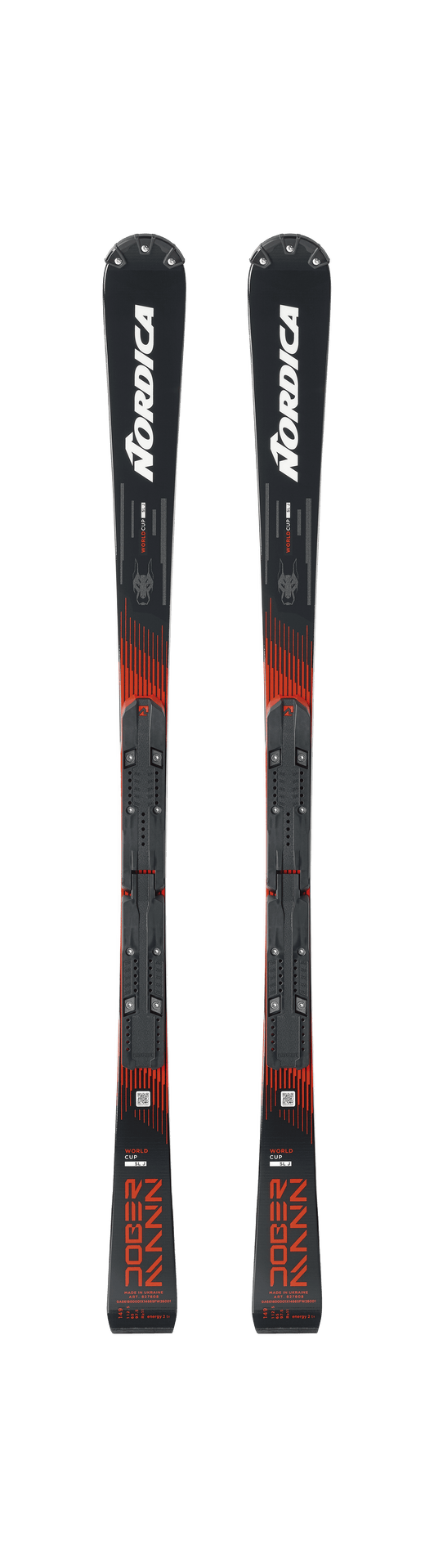 Ein Paar Nordica DOBERMANN SLJ PLATE 2026/2027 Skier, schwarz mit roten und grauen Akzenten und Bindungen, nebeneinander auf weißem Hintergrund - perfekt für Nachwuchsrennsport oder Fans von Junior Slalom Rennski.