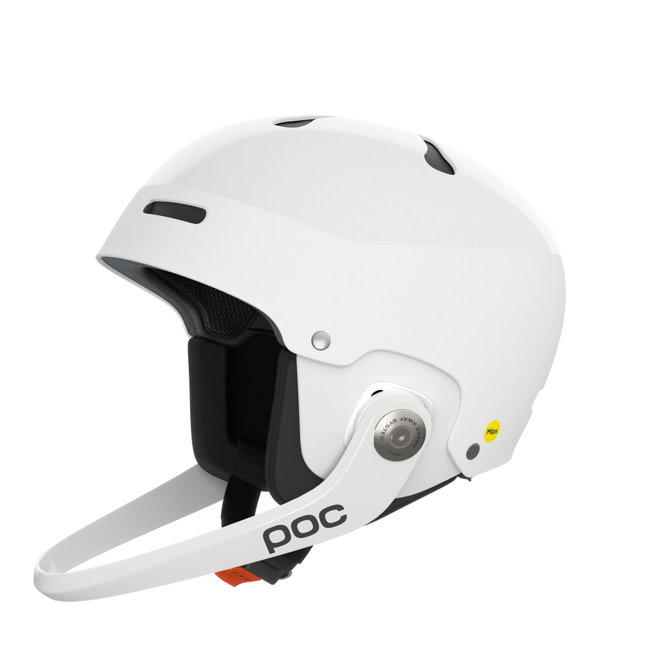 Der POC Sports Poc Artic SL Mips ist ein weißer Slalomhelm mit MIPS Integra, Maxilla Breakaway Kinnschutz, Belüftungslöchern und einer schwarz gepolsterten Innenausstattung auf einem schlichten hellen Hintergrund.