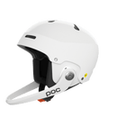 Der POC Sports Poc Artic SL Mips ist ein weißer Slalomhelm mit MIPS Integra, Maxilla Breakaway Kinnschutz, Belüftungslöchern und einer schwarz gepolsterten Innenausstattung auf einem schlichten hellen Hintergrund.