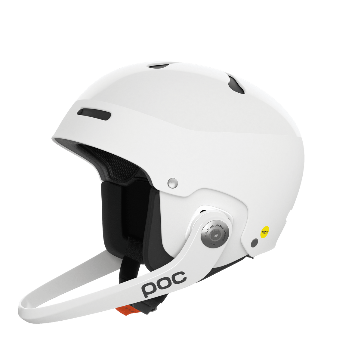 Der POC Sports Poc Artic SL Mips ist ein weißer Slalomhelm mit MIPS Integra, Maxilla Breakaway Kinnschutz, Belüftungslöchern und einer schwarz gepolsterten Innenausstattung auf einem schlichten hellen Hintergrund.