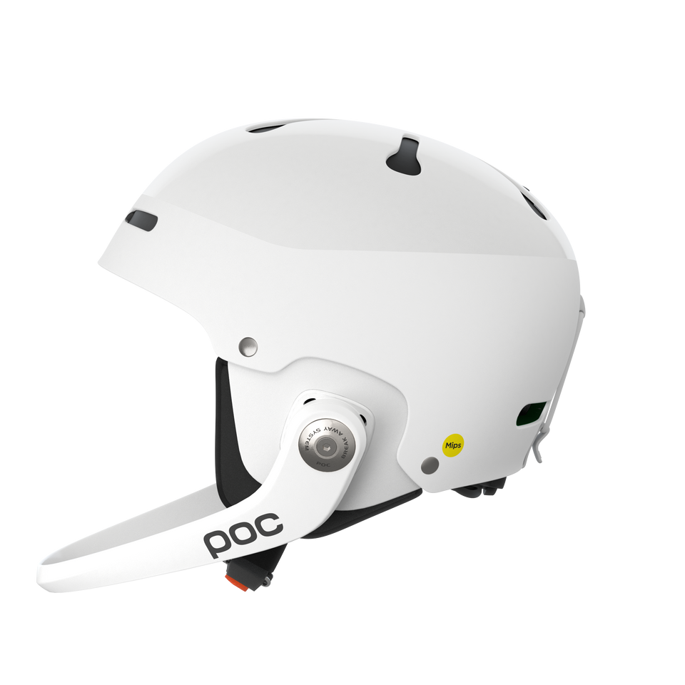 Der Poc Artic SL Mips von POC Sports ist ein weißer Slalomhelm mit Maxilla Breakaway Kinnschutz, abnehmbarem Visier, Belüftungslöchern, Einstellrad und MIPS Integra-Logo, das sich im Profil auf einem schlichten hellgrauen Hintergrund abzeichnet.
