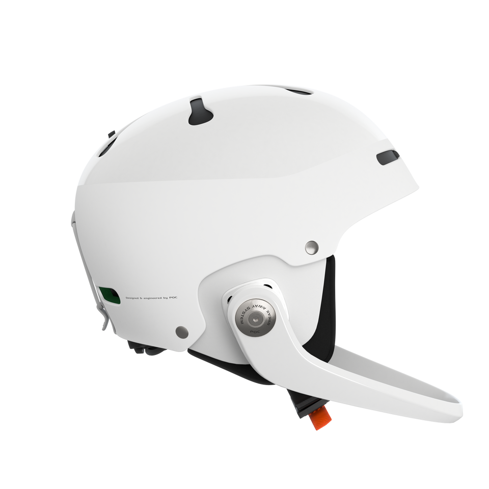 Der POC Sports Poc Artic SL Mips ist ein moderner weißer Slalomhelm mit stromlinienförmigem Design, MIPS Integra, einem verstellbaren seitlichen Zifferblatt, kleinen Belüftungsöffnungen und einem Maxilla Breakaway Kinnschutz, fotografiert auf einem schlichten weißen Hintergrund.