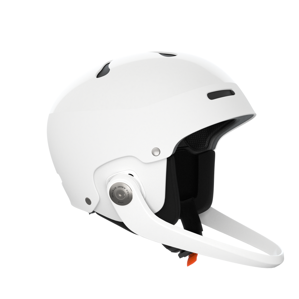 Der POC Sports Poc Artic SL Mips ist ein weißer, offener Motorradhelm mit schwarzer Innenausstattung, MIPS-Integra-Technologie, einem hochklappbaren Visier, Belüftungsschlitzen und einem Kinnriemen mit orangefarbener Schnalle, der auf einem schlichten hellen Hintergrund abgebildet ist.