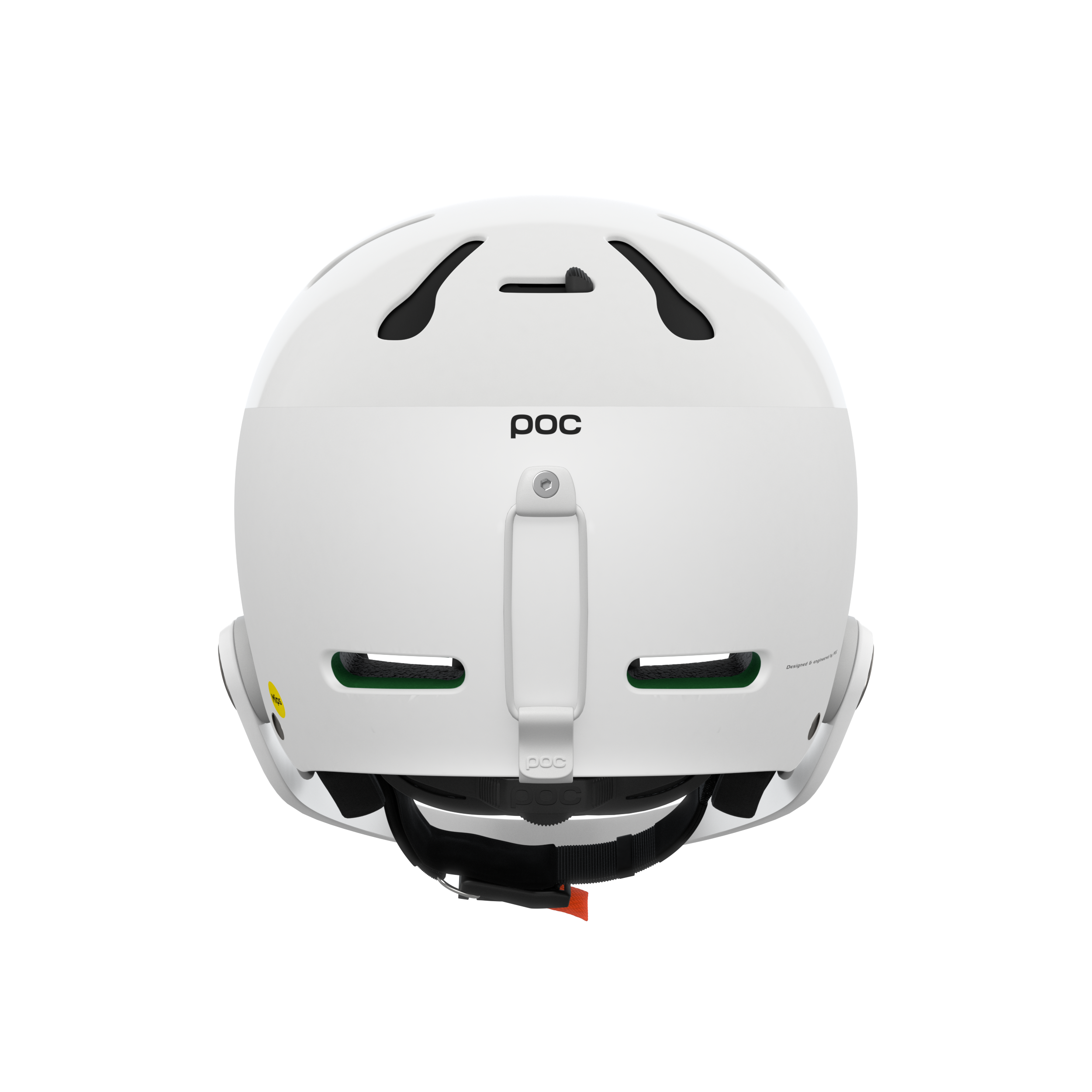 Der weiße Poc Artic SL Mips Helm von POC Sports zeigt sich von hinten, mit Belüftungsschlitzen, einem hinteren Befestigungspunkt, dezentem Branding, schwarzen und grünen Innendetails und integriertem MIPS Integra für erhöhten Schutz.