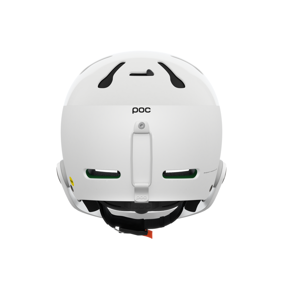 Der weiße Poc Artic SL Mips Helm von POC Sports zeigt sich von hinten, mit Belüftungsschlitzen, einem hinteren Befestigungspunkt, dezentem Branding, schwarzen und grünen Innendetails und integriertem MIPS Integra für erhöhten Schutz.