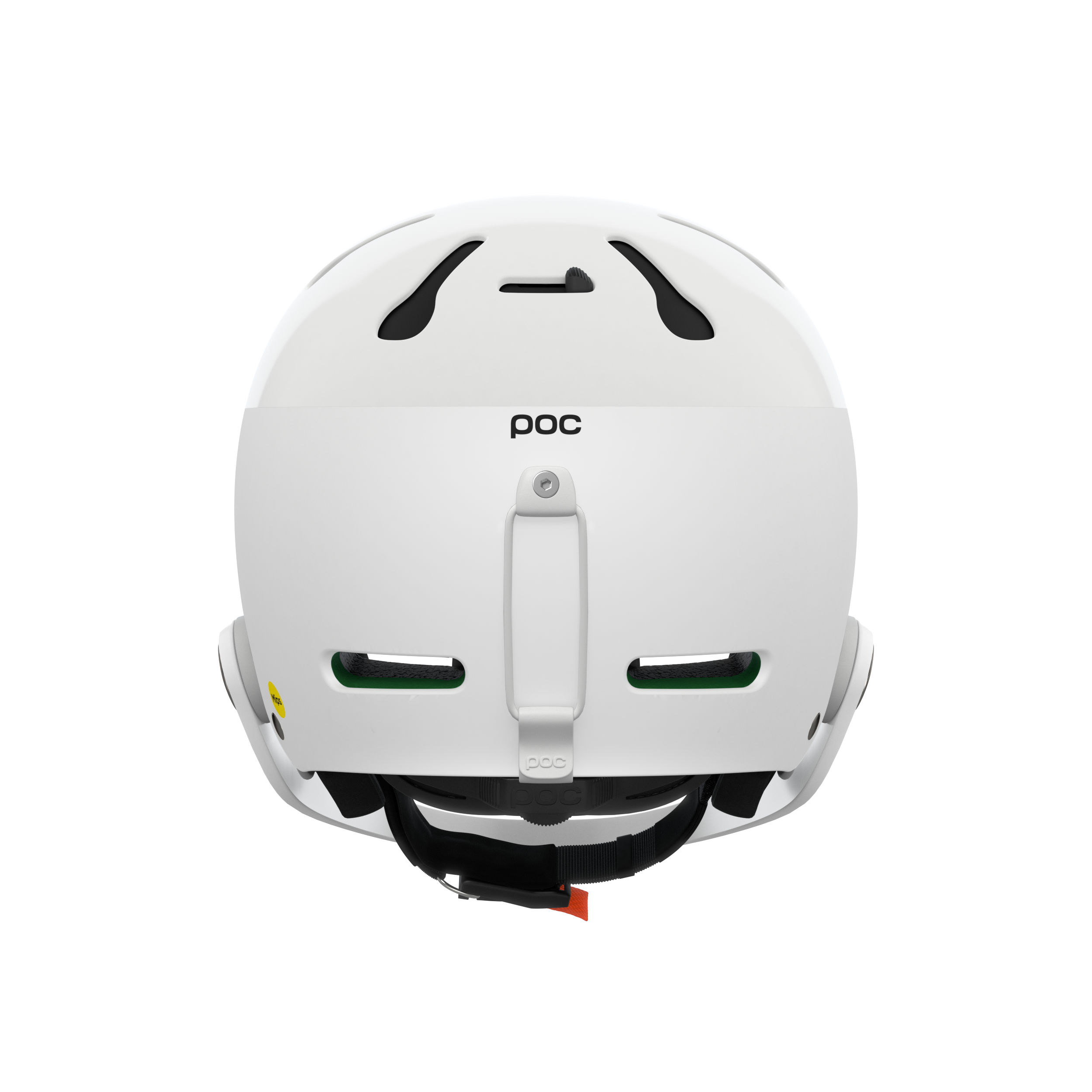 Rückansicht des Poc Artic SL Mips Helms von POC Sports, weiß mit schwarzen Belüftungsöffnungen, MIPS Integra Technologie, einem zentralen weißen Einstellrad, grüner Innenpolsterung und einer orangefarbenen Kinnriemenschnalle auf einem schlichten weißen Hintergrund.