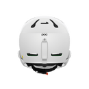 Rückansicht des Poc Artic SL Mips Helms von POC Sports, weiß mit schwarzen Belüftungsöffnungen, MIPS Integra Technologie, einem zentralen weißen Einstellrad, grüner Innenpolsterung und einer orangefarbenen Kinnriemenschnalle auf einem schlichten weißen Hintergrund.