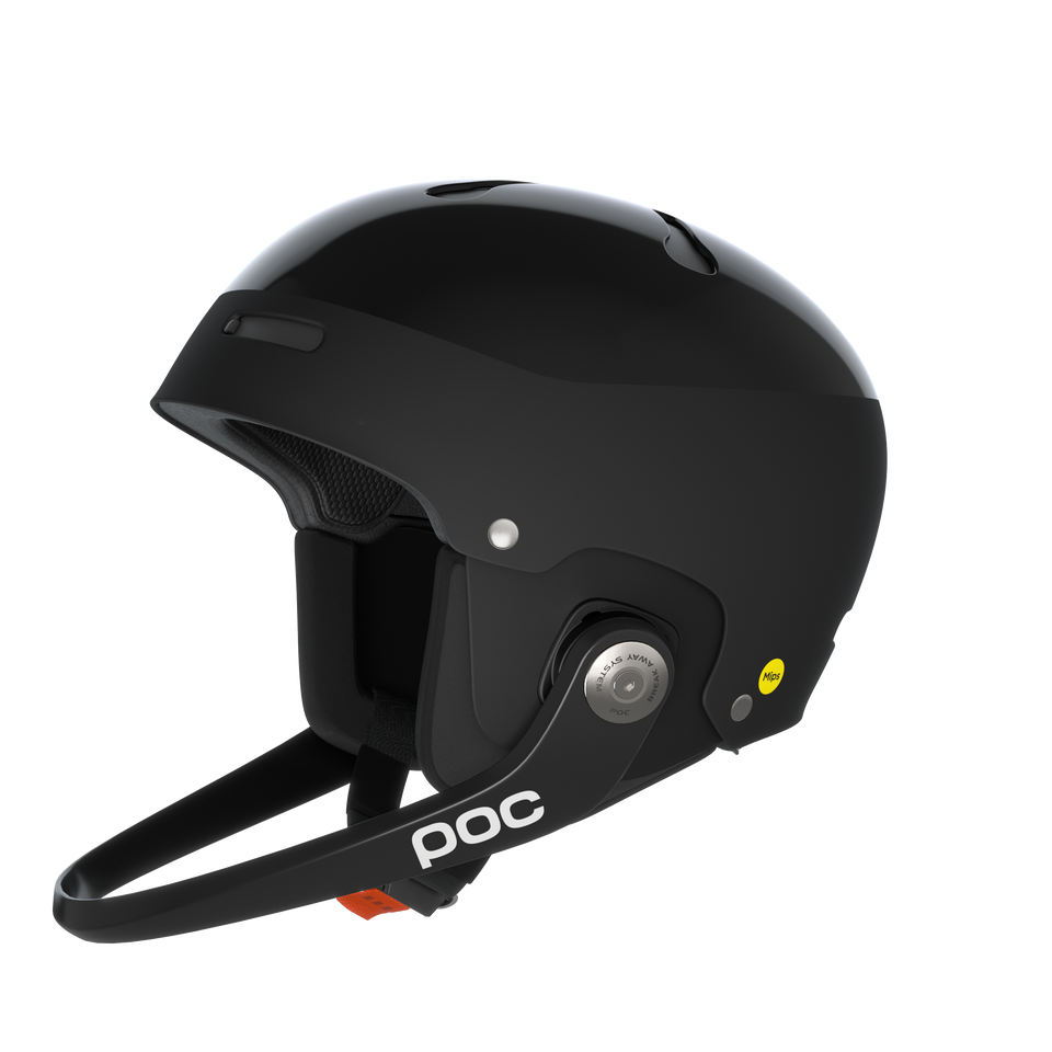 Der POC Sports Poc Artic SL Mips ist ein schwarzer Slalomhelm mit Kinnschutz, Belüftungslöchern und einer gepolsterten Innenausstattung mit MIPS Integra Technologie, die auf einem schlichten weißen Hintergrund zu sehen ist.