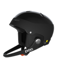 Der POC Sports Poc Artic SL Mips ist ein schwarzer Slalomhelm mit Kinnschutz, Belüftungslöchern und einer gepolsterten Innenausstattung mit MIPS Integra Technologie, die auf einem schlichten weißen Hintergrund zu sehen ist.