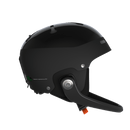Der elegante schwarze Poc Artic SL Mips Helm von POC Sports ist im Profil auf weißem Hintergrund abgebildet und verfügt über einen Kinnschutz, Belüftungsöffnungen, einen silbernen Einstellknopf, das MIPS Integra System und einen orangefarbenen Clip im Kinnbereich.