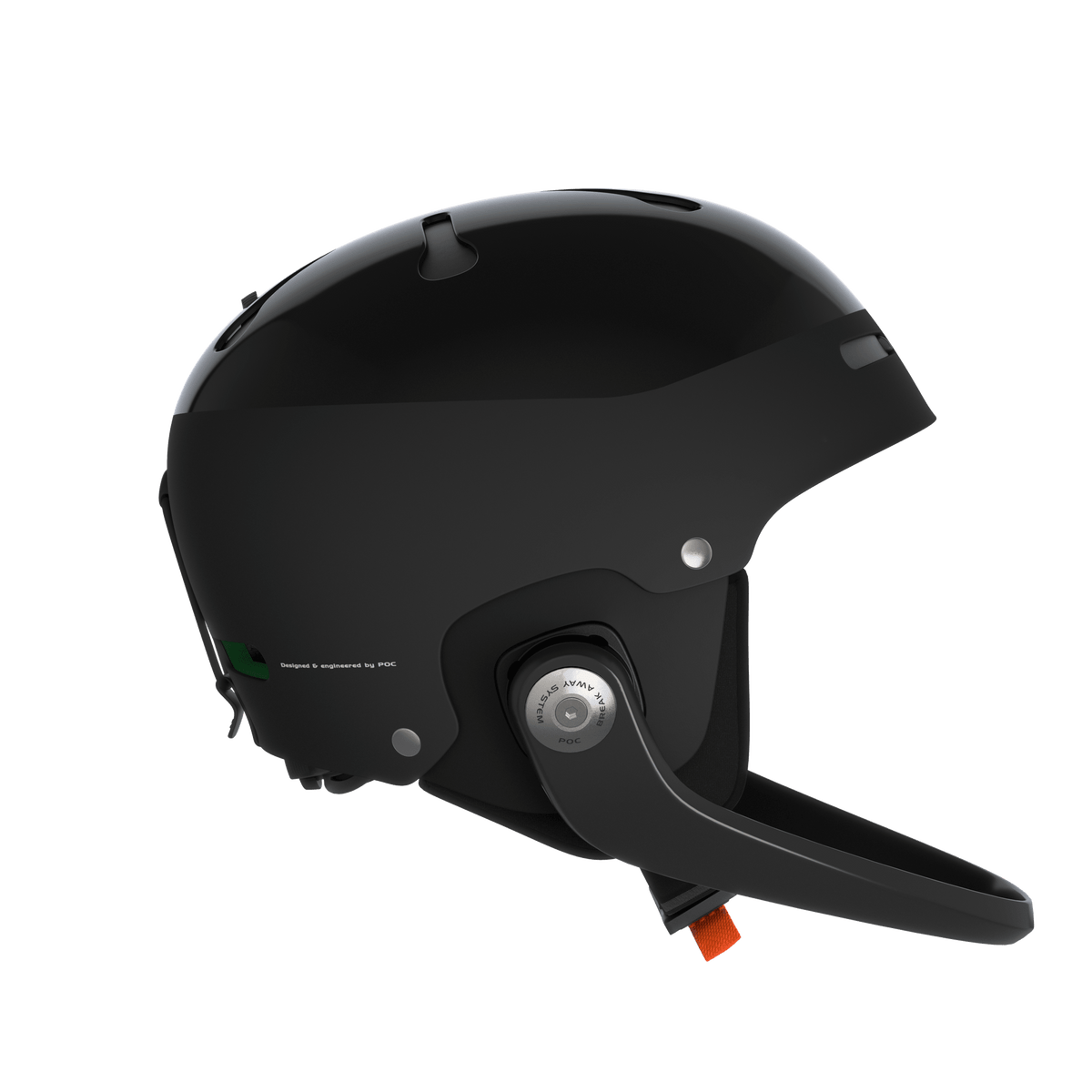Der elegante schwarze Poc Artic SL Mips Helm von POC Sports ist im Profil auf weißem Hintergrund abgebildet und verfügt über einen Kinnschutz, Belüftungsöffnungen, einen silbernen Einstellknopf, das MIPS Integra System und einen orangefarbenen Clip im Kinnbereich.