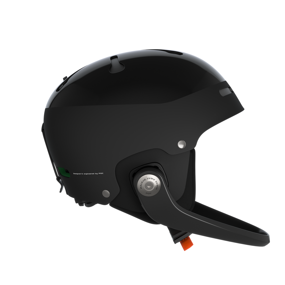 Der elegante schwarze Poc Artic SL Mips Helm von POC Sports ist im Profil auf weißem Hintergrund abgebildet und verfügt über einen Kinnschutz, Belüftungsöffnungen, einen silbernen Einstellknopf, das MIPS Integra System und einen orangefarbenen Clip im Kinnbereich.
