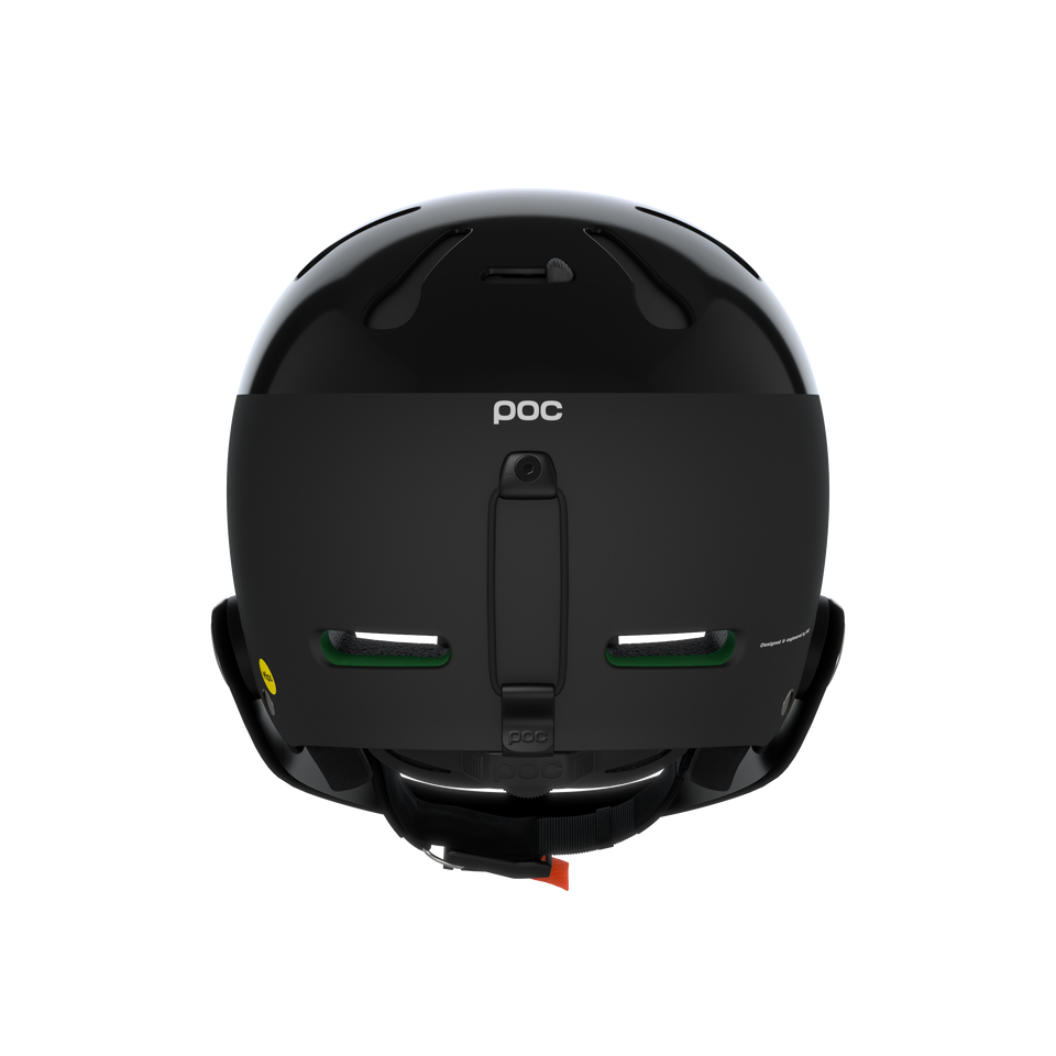 Der POC Sports Poc Artic SL Mips Fahrradhelm in Schwarz wird von hinten gezeigt, wobei der sichere Verschluss, die zwei horizontalen Belüftungsöffnungen, die MIPS Integra Technologie und das schlanke, aerodynamische Design des Slalomhelms hervorgehoben werden.
