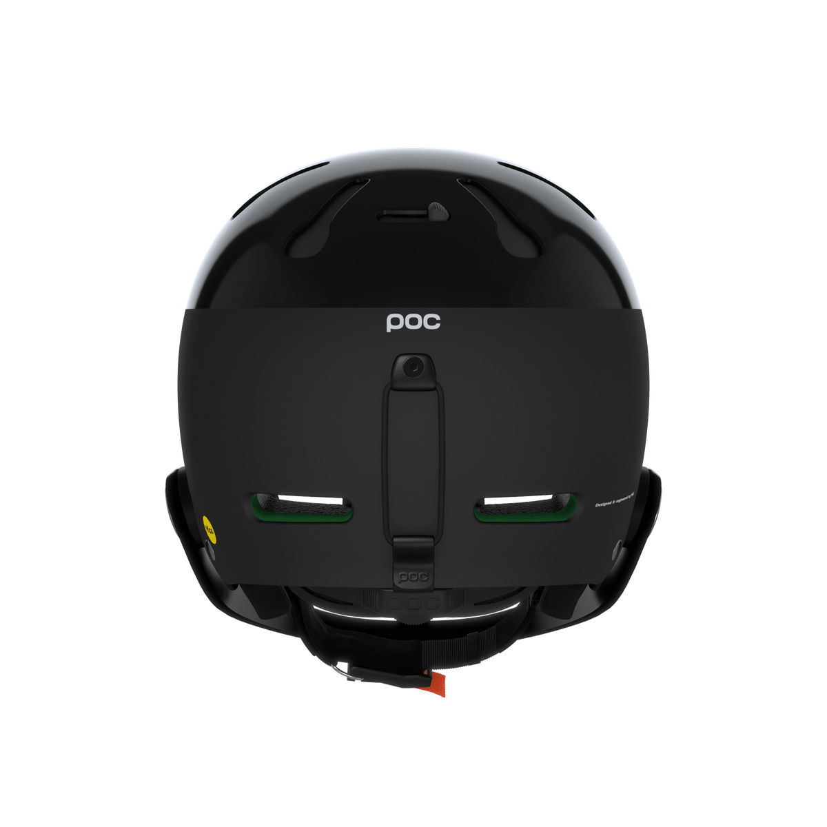 Der POC Sports Poc Artic SL Mips Fahrradhelm in Schwarz wird von hinten gezeigt, wobei der sichere Verschluss, die zwei horizontalen Belüftungsöffnungen, die MIPS Integra Technologie und das schlanke, aerodynamische Design des Slalomhelms hervorgehoben werden.