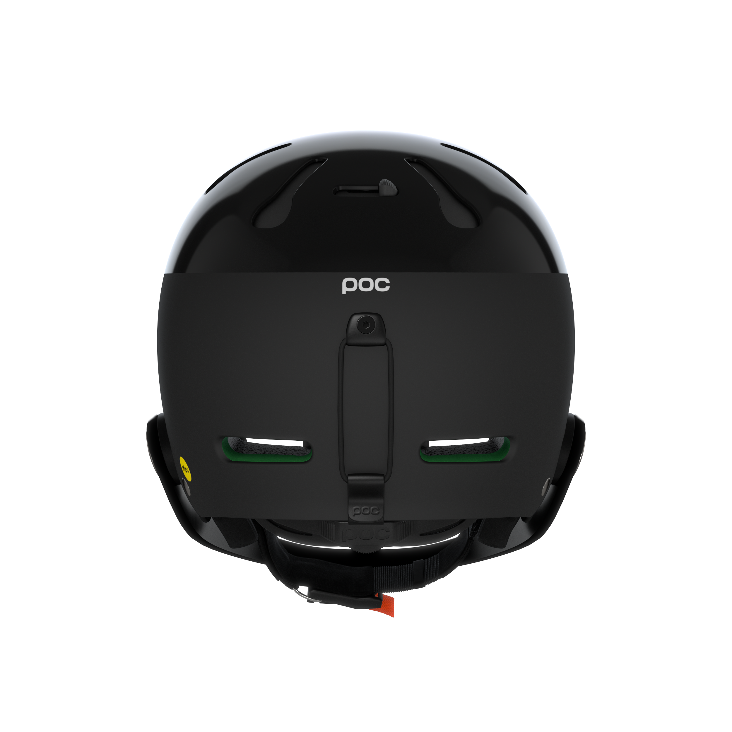 Rückansicht eines schwarzen POC Sports Poc Artic SL Mips-Helms mit Belüftungsschlitzen, einem glänzenden Oberteil, einem verstellbaren Riemen und einem gelben MIPS Integra-Sicherheitslogo auf der linken Seite.