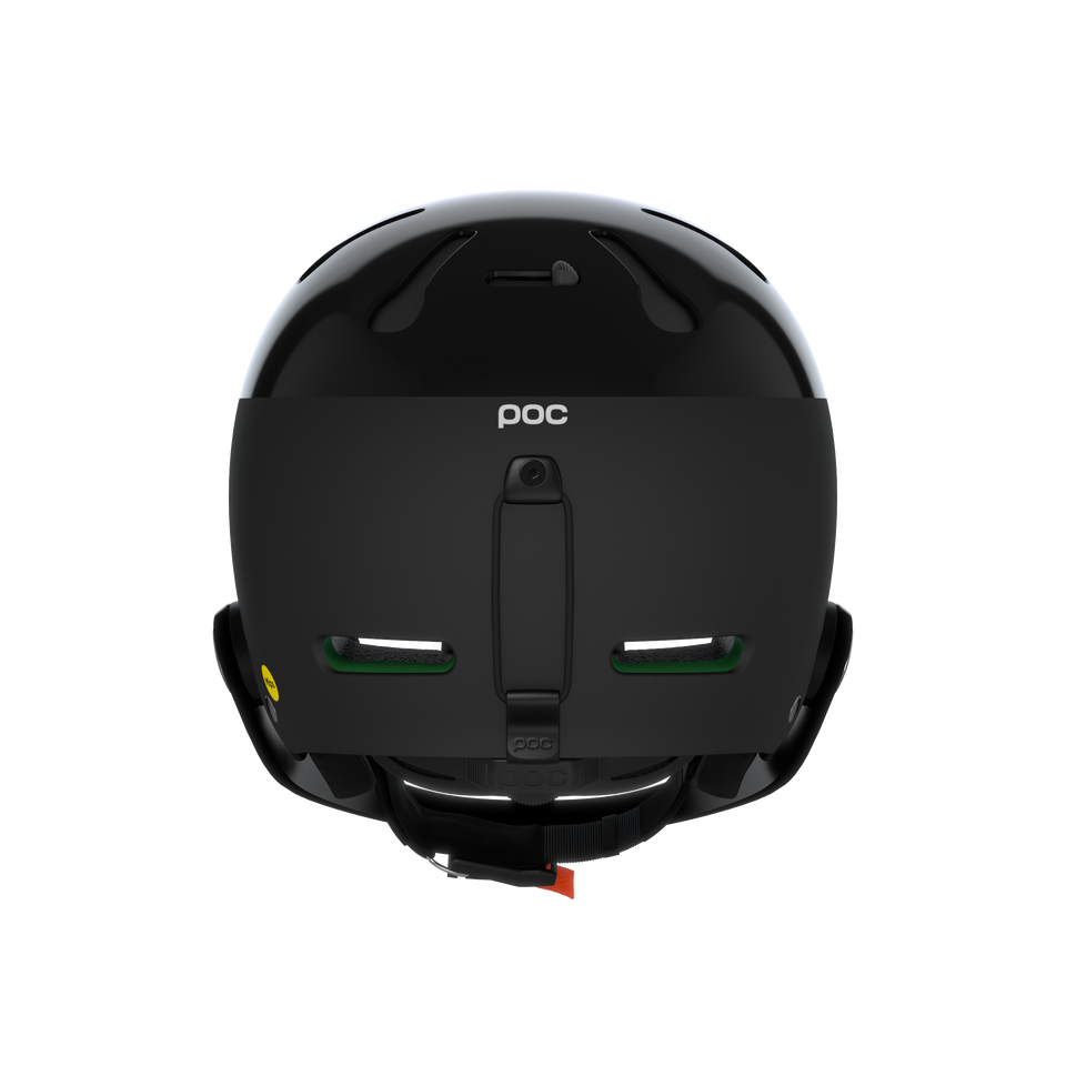 Rückansicht eines schwarzen POC Sports Poc Artic SL Mips-Helms mit Belüftungsschlitzen, einem glänzenden Oberteil, einem verstellbaren Riemen und einem gelben MIPS Integra-Sicherheitslogo auf der linken Seite.