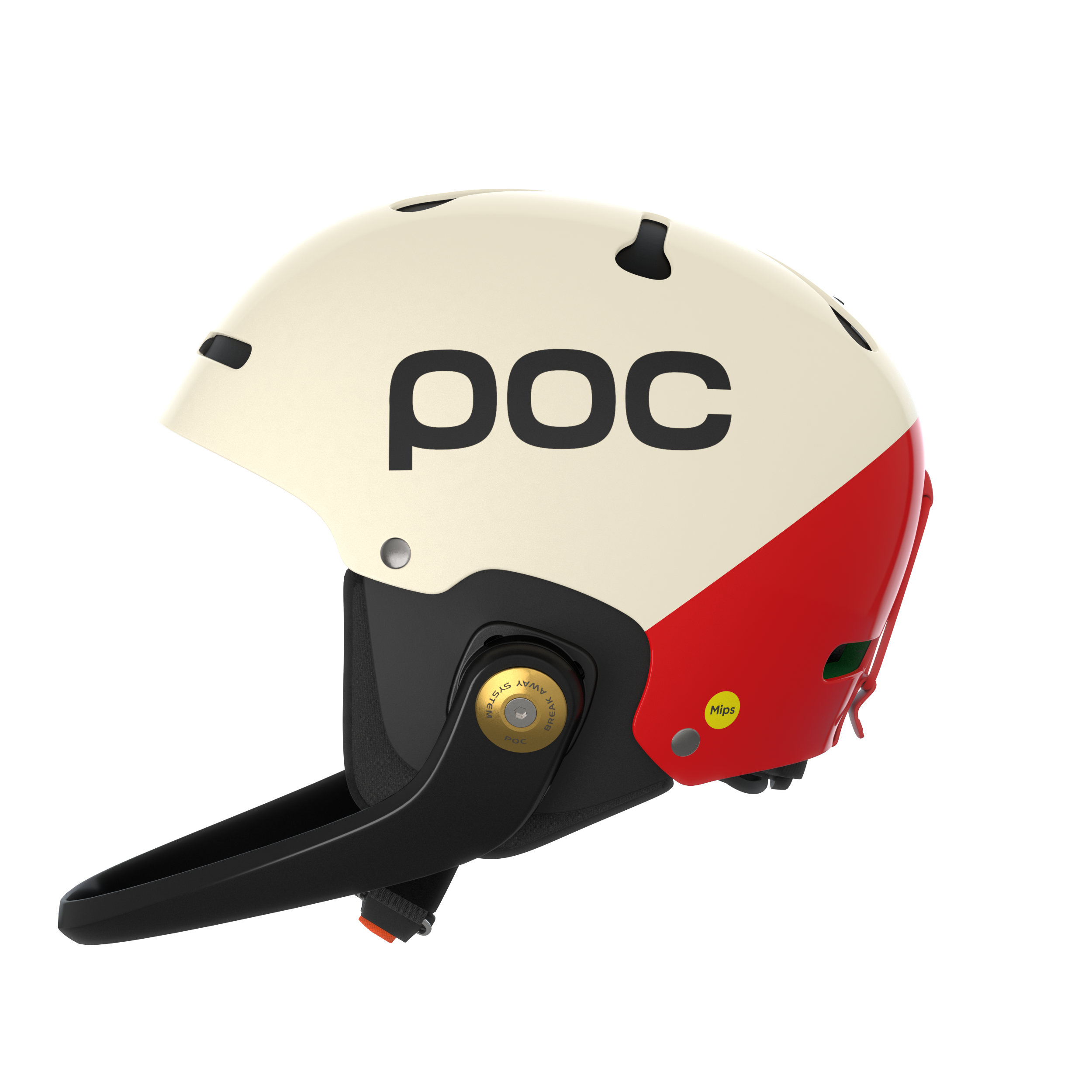 Ein weißer und roter POC Sports Poc Artic SL Mips Skihelm mit schwarzem Kinnschutz, MIPS-Rotationsaufprallschutz und verstellbarer Skala, von der Seite vor einem unifarbenen Hintergrund dargestellt.