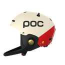 Ein weißer und roter POC Sports Poc Artic SL Mips Skihelm mit schwarzem Kinnschutz, MIPS-Rotationsaufprallschutz und verstellbarer Skala, von der Seite vor einem unifarbenen Hintergrund dargestellt.