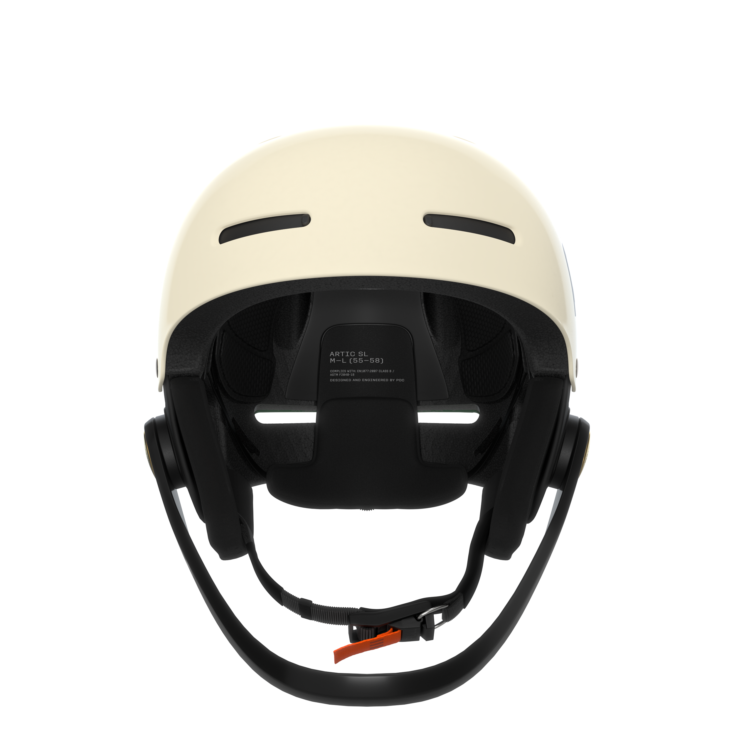 Der POC Sports Poc Artic SL Mips Helm in Creme ist frontal abgebildet, mit schwarzer Innenpolsterung, einem schwarzen, verstellbaren Kinnriemen, oberen Belüftungsschlitzen und fortschrittlichem Rotationsaufprallschutz vor weißem Hintergrund.