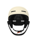 Der POC Sports Poc Artic SL Mips Helm in Creme ist frontal abgebildet, mit schwarzer Innenpolsterung, einem schwarzen, verstellbaren Kinnriemen, oberen Belüftungsschlitzen und fortschrittlichem Rotationsaufprallschutz vor weißem Hintergrund.