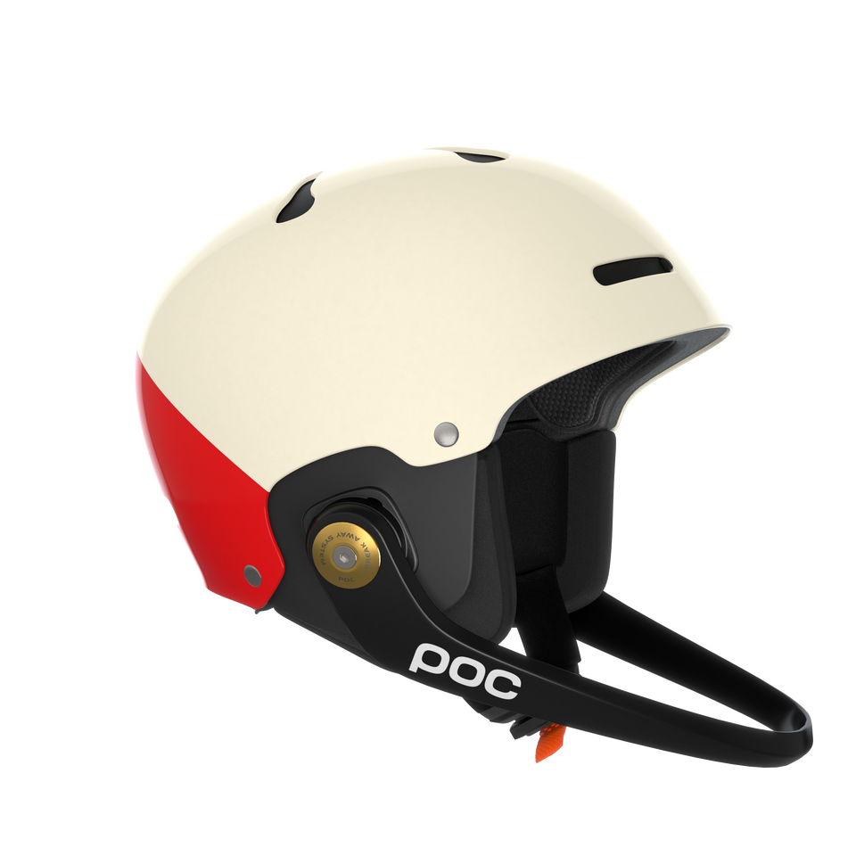 Der POC Sports Poc Artic SL Mips Helm ist weiß und rot mit schwarzer Polsterung, einem Kinnschutz, Belüftungsschlitzen, verstellbarem Riemen, Rotationsaufprallschutz (MIPS) und dem POC-Logo in Weiß an der Seite.