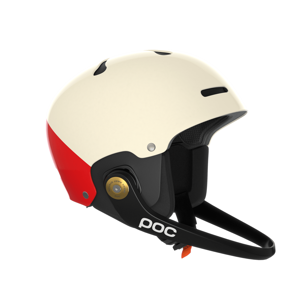 Der POC Sports Poc Artic SL Mips Helm ist weiß und rot mit schwarzer Polsterung, einem Kinnschutz, Belüftungsschlitzen, verstellbarem Riemen, Rotationsaufprallschutz (MIPS) und dem POC-Logo in Weiß an der Seite.
