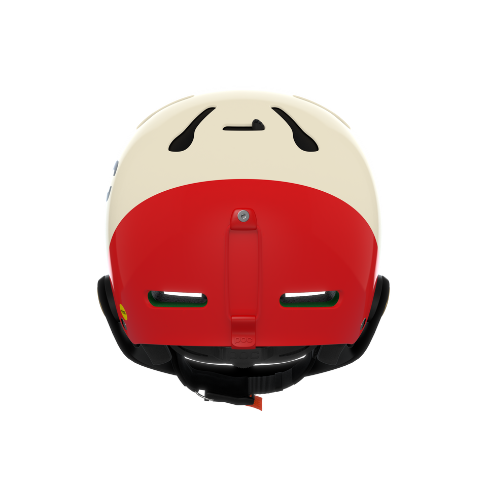Der POC Sports Poc Artic SL Mips Fahrradhelm, von hinten gesehen, zeigt ein cremefarbenes und rotes Design mit schwarzen Belüftungsöffnungen, einem schwarzen verstellbaren Riemen und einem verspielten Cartoon-Gesicht auf der cremefarbenen Fläche für extra Flair.