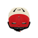 Der POC Sports Poc Artic SL Mips Fahrradhelm, von hinten gesehen, zeigt ein cremefarbenes und rotes Design mit schwarzen Belüftungsöffnungen, einem schwarzen verstellbaren Riemen und einem verspielten Cartoon-Gesicht auf der cremefarbenen Fläche für extra Flair.