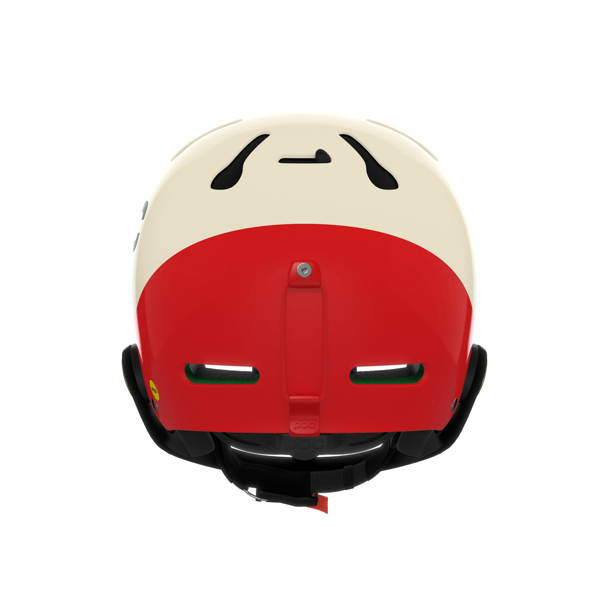 Der POC Sports Poc Artic SL Mips Fahrradhelm, von hinten gesehen, zeigt ein cremefarbenes und rotes Design mit schwarzen Belüftungsöffnungen, einem schwarzen verstellbaren Riemen und einem verspielten Cartoon-Gesicht auf der cremefarbenen Fläche für extra Flair.