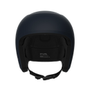 Ein mattschwarzer POC Sports POC Skull Dura JR Helm von vorne gesehen, mit offenem Gesicht, gepolsterter Innenseite und einem befestigten Kinnriemen mit Sicherheitsschnalle.