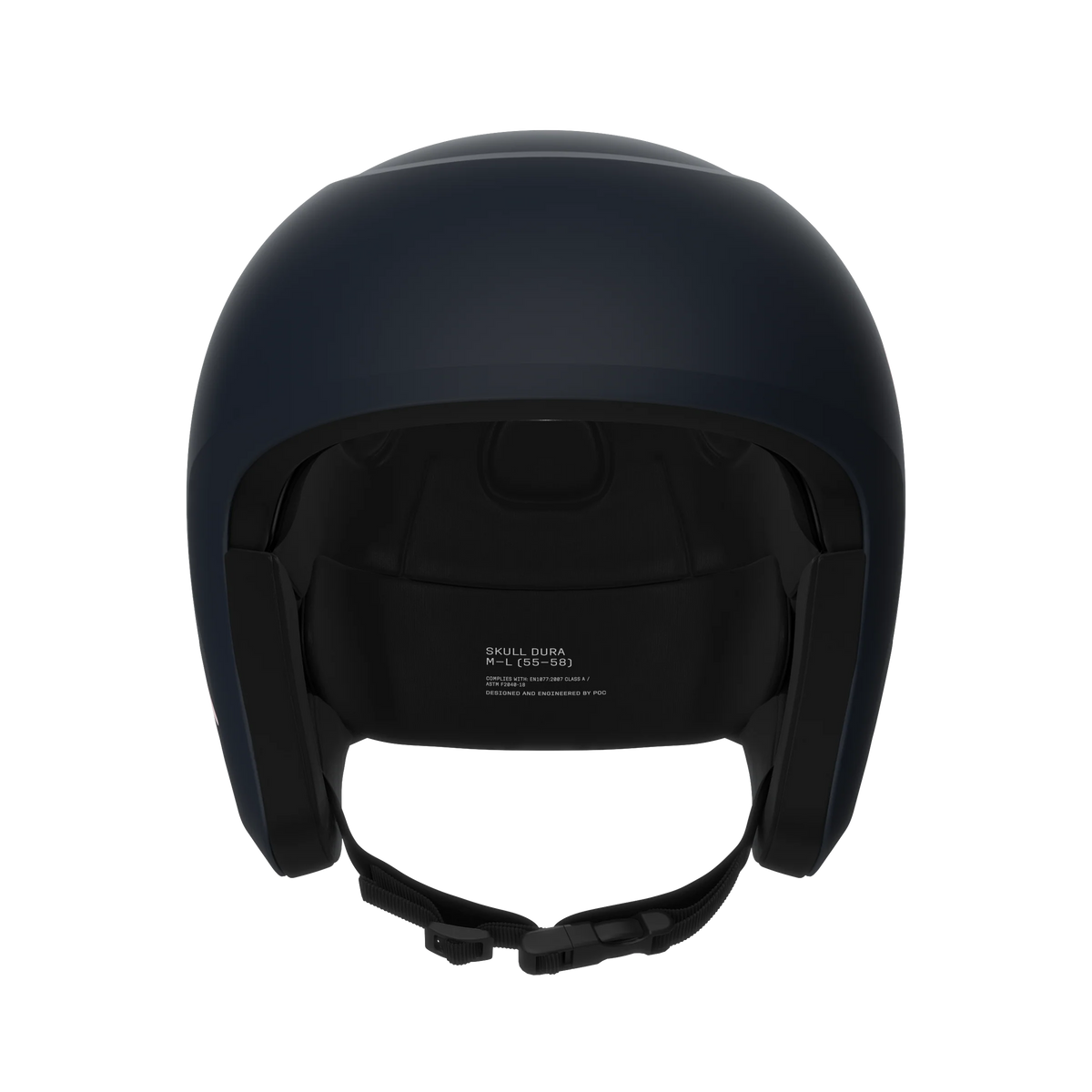 Ein mattschwarzer POC Sports POC Skull Dura JR Helm von vorne gesehen, mit offenem Gesicht, gepolsterter Innenseite und einem befestigten Kinnriemen mit Sicherheitsschnalle.