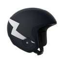 Der POC Sports Skull Dura JR Helm verfügt über ein mattschwarzes Finish, ein weißes Blitzdesign, eine weiche Innenpolsterung und einen verstellbaren Race Lock Kinnriemen, abgebildet auf einem schlichten weißen Hintergrund.