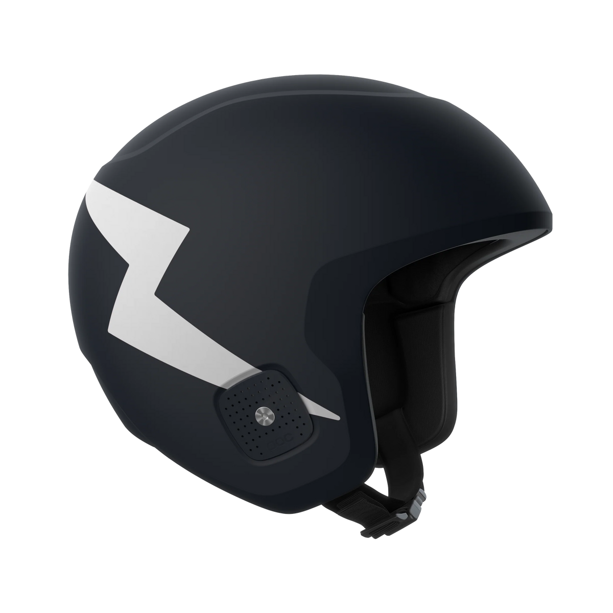 Der POC Sports Skull Dura JR Helm verfügt über ein mattschwarzes Finish, ein weißes Blitzdesign, eine weiche Innenpolsterung und einen verstellbaren Race Lock Kinnriemen, abgebildet auf einem schlichten weißen Hintergrund.