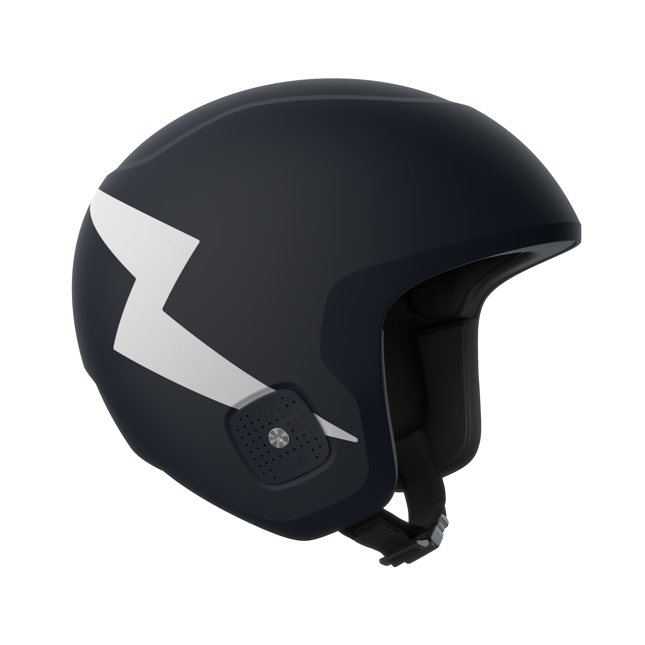 Der POC Sports Skull Dura JR Helm verfügt über ein mattschwarzes Finish, ein weißes Blitzdesign, eine weiche Innenpolsterung und einen verstellbaren Race Lock Kinnriemen, abgebildet auf einem schlichten weißen Hintergrund.