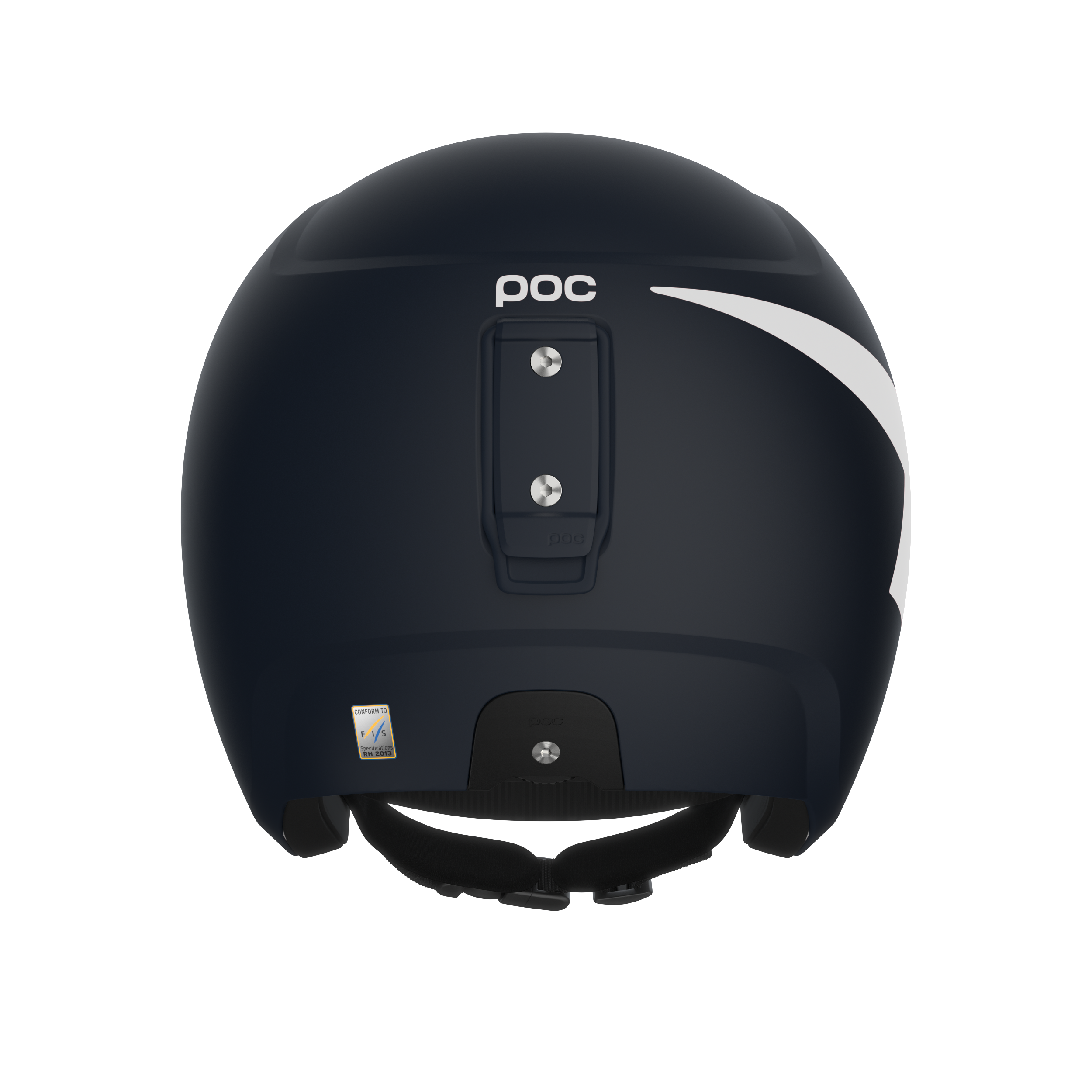 Rückansicht eines schwarzen POC Sports Skull Dura JR Helms mit Race Lock, weißem Streifen auf der rechten Seite, zentralem Befestigungspunkt und sichtbarem Kinnriemen.