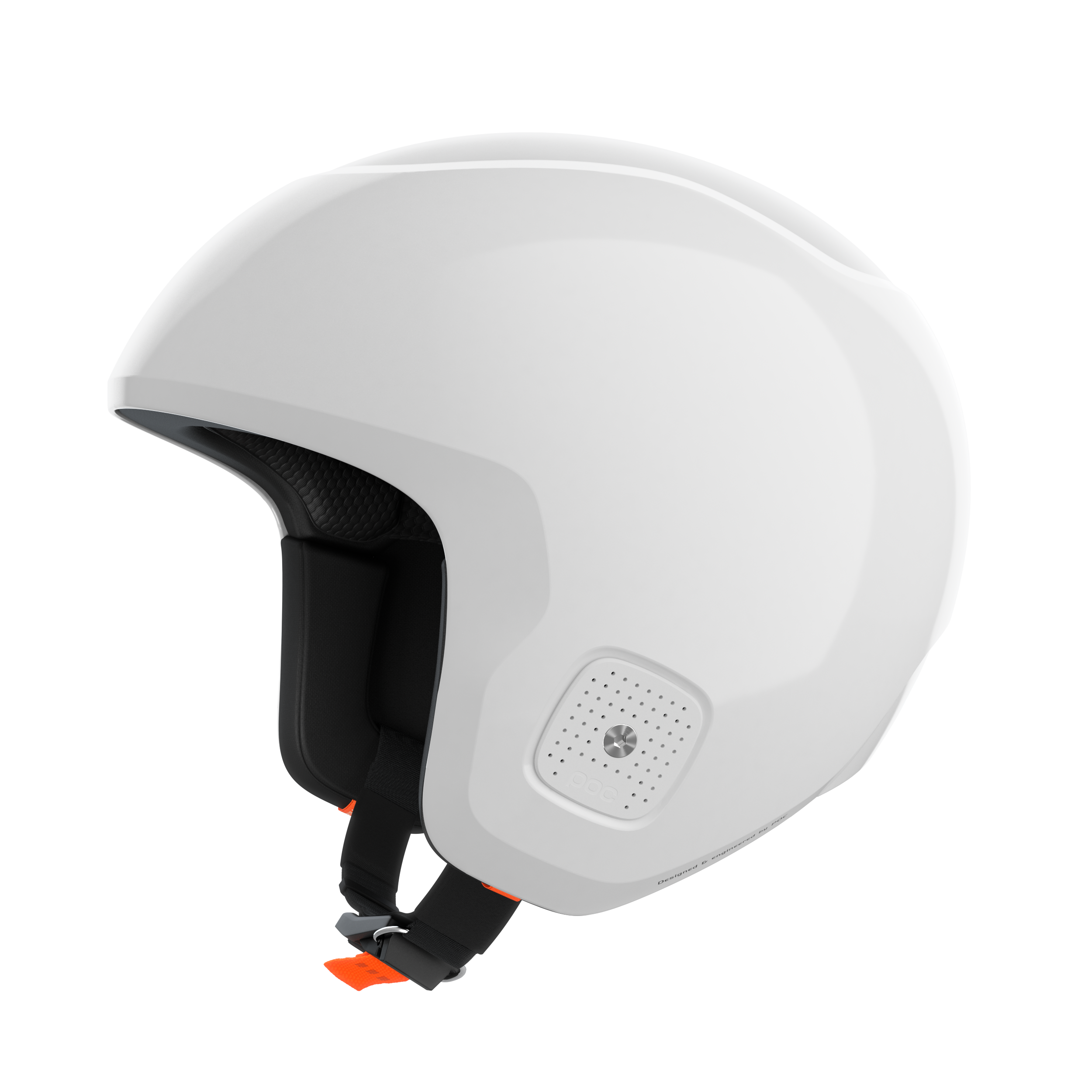 Der POC Sports Poc Skull Dura X Mips ist ein moderner weißer Helm mit glatter Oberfläche, schwarzer Polsterung, orangefarbenem Kinnriemen, belüftetem Paneel für Luftzirkulation und verbessertem Schutz durch MIPS. Abgebildet auf einfarbig weißem Hintergrund.
