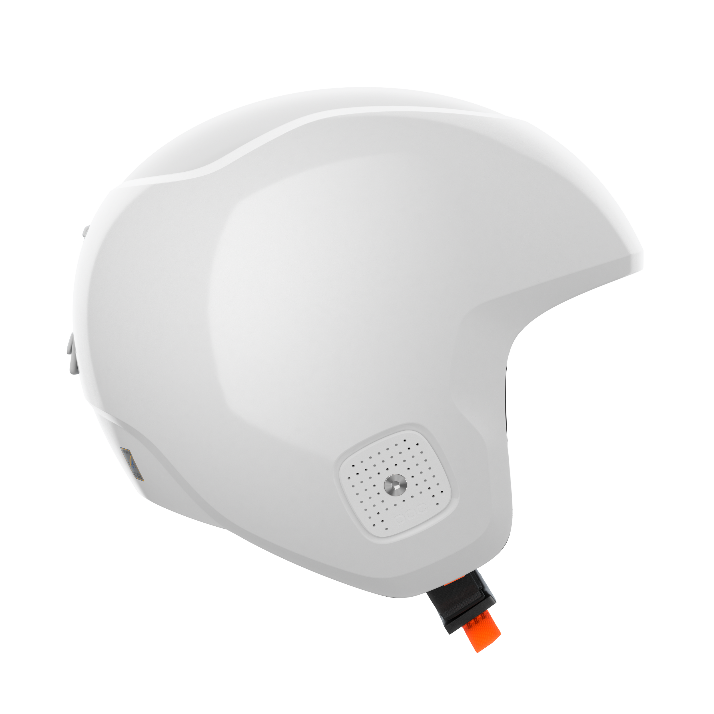 Der POC Sports Poc Skull Dura X Mips ist ein weißer Helm mit glatter, glänzender Oberfläche, seitlicher Belüftung und Metallschraube, sowie einem verstellbaren schwarzen Riemen mit orangefarbenem Clip. Er bietet fortschrittlichen Rotationsaufprallschutz für höchste Sicherheit.