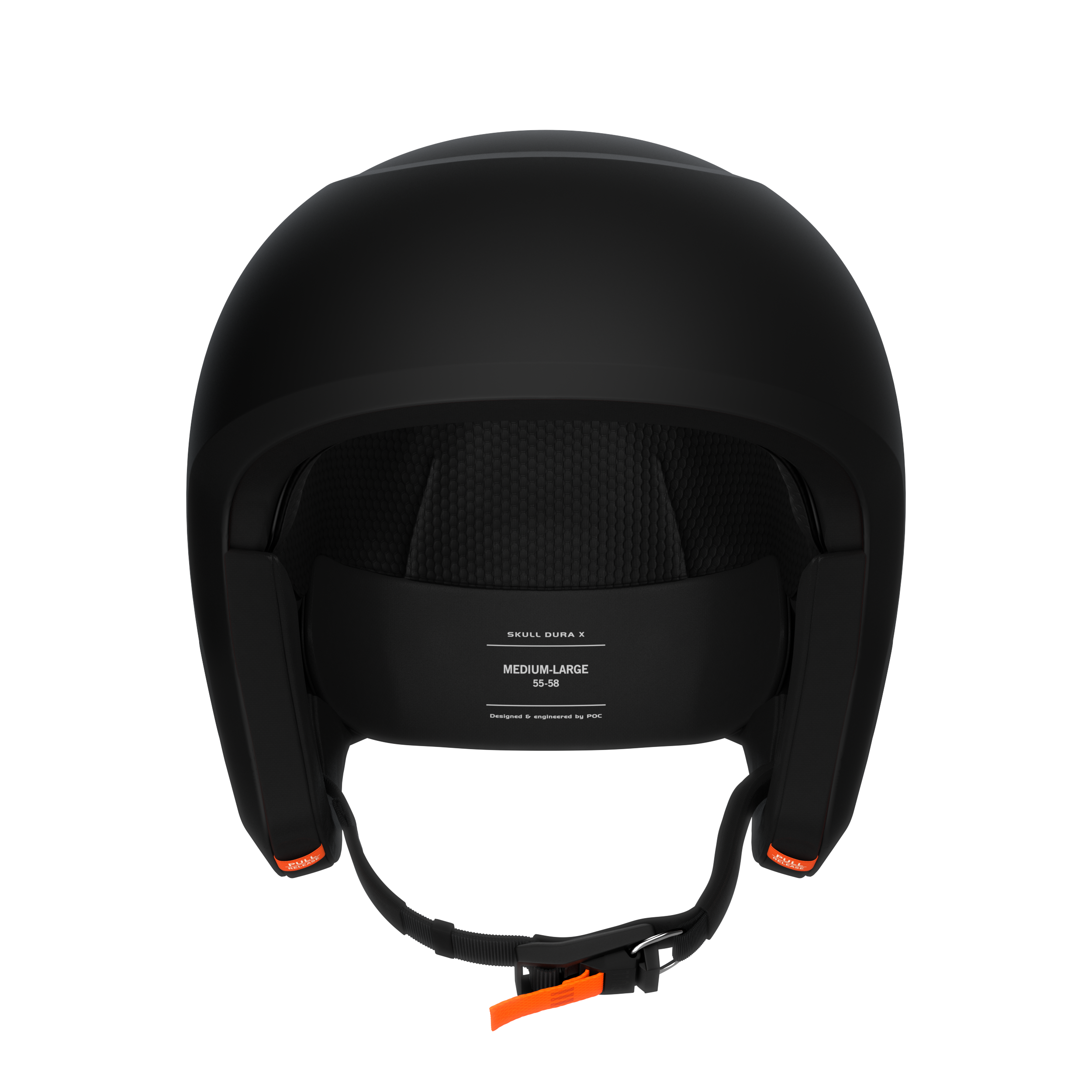 Der von hinten gezeigte schwarze POC Sports Poc Skull Dura X Mips Helm zeichnet sich durch seine gepolsterte Innenausstattung, den verstellbaren Riemen mit orangefarbenem Anhänger, die Kennzeichnung der Größe Medium-Large (55-58), die matte Oberfläche, das moderne Design und den fortschrittlichen MIPS-Integra-Schutz aus.